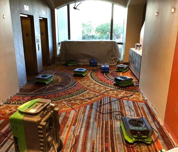 Professional SERVPRO green air movers and dehumidifiers are placed in a carpeted hotel hallway near some elevators